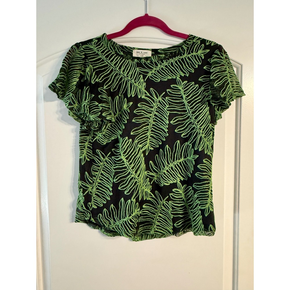 Kim & Cami Embroidered Fern Mesh Blouse Small Black Green Boho Tropical Eclectic